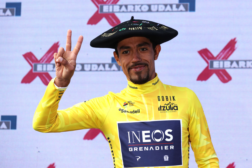 Credit: (Photo by Gonzalo Arroyo Moreno/Getty Images)
ARRATE, SPAIN - APRIL 09: Daniel Felipe Martinez Poveda of Colombia and Team INEOS Grenadiers celebrates at podium as Yellow Leader Jersey race winner during the 61st Itzulia Basque Country 2022 - Stage 6 a 135,7km stage from Eibar to Arrate / #itzulia / #WorldTour / on April 09, 2022 in Arrate, Spain. 